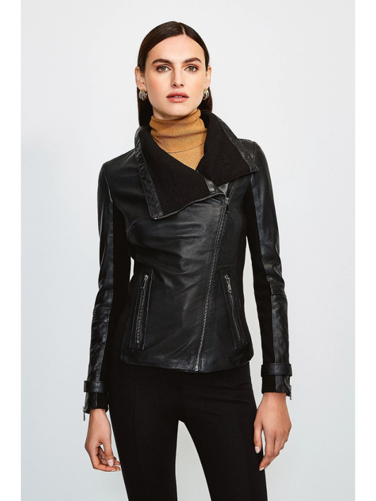 Women’s Black Leather Biker Jacket Cotton Side Panels - Fashion Leather Jackets USA - 3AMOTO