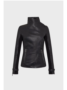 Women’s Black Leather Biker Jacket Cotton Side Panels