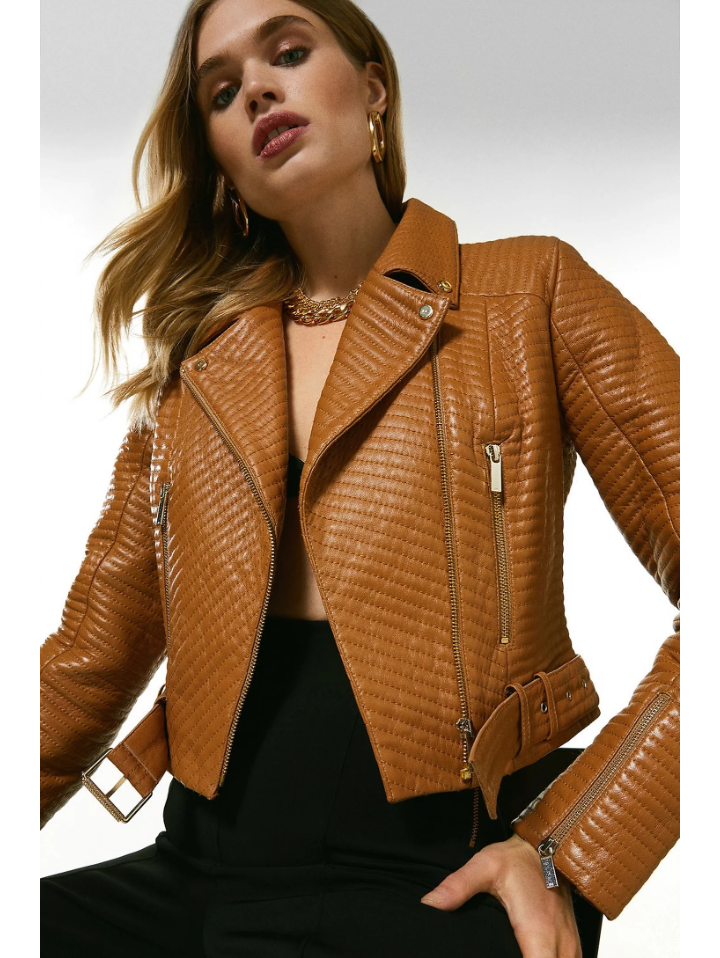 Women's Tan Brown Leather Biker Jacket