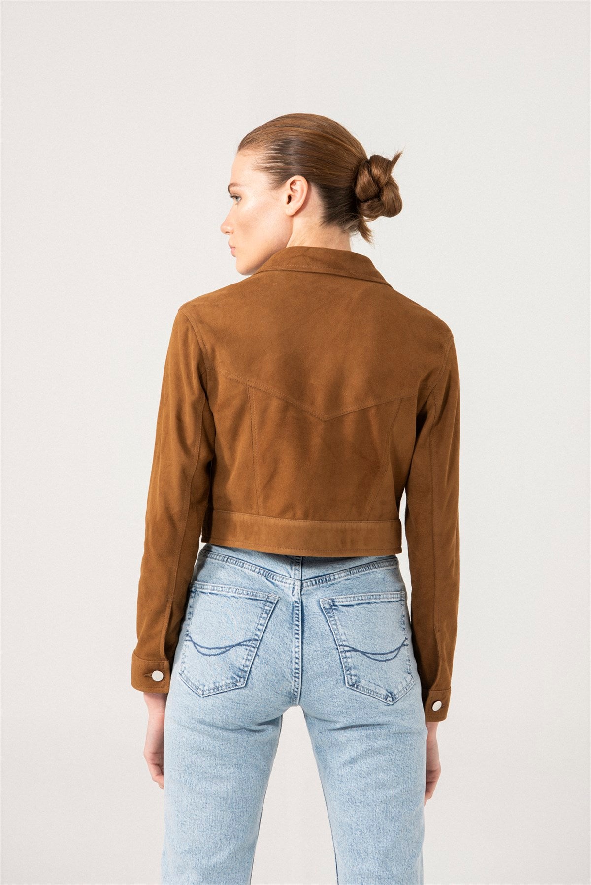 Women’s Tan Brown Suede Leather Short Trucker Jacket