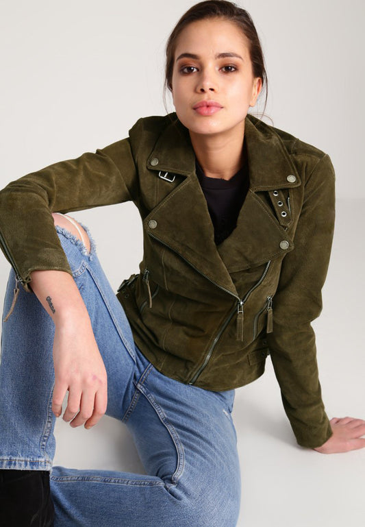 Women’s Green Suede Leather Biker Jacket - 3amoto shop