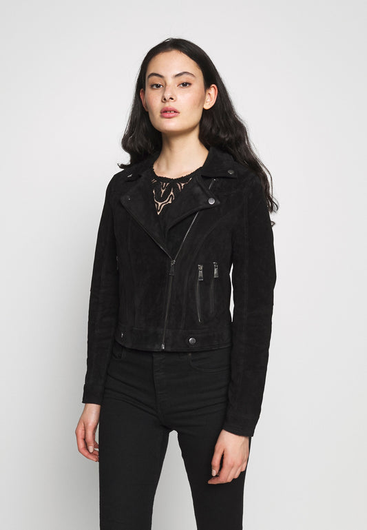 Women’s Black Suede Leather Biker Jacket - Fashion Leather Jackets USA - 3AMOTO