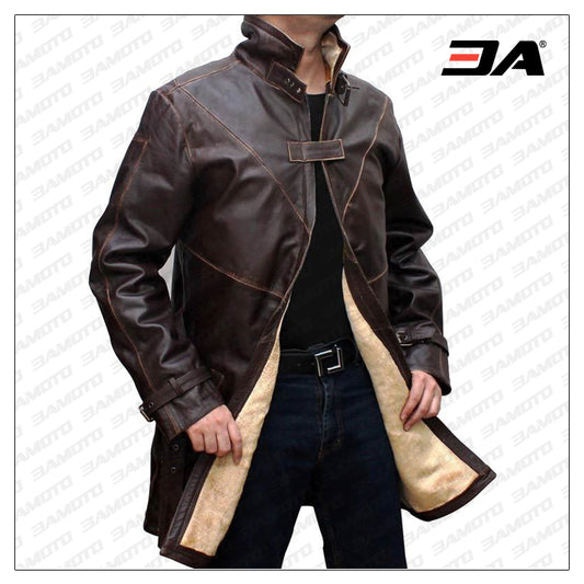 Mens WD Distressed Brown Belted Waist Velcro Strap Closure Leather Trench Coat - Fashion Leather Jackets USA - 3AMOTO