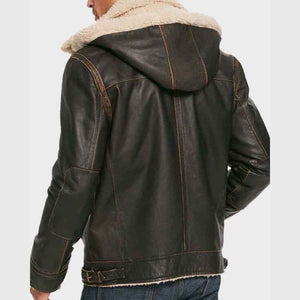 Aviator Mens Brown Waxed Shearling Hooded Leather Jacket