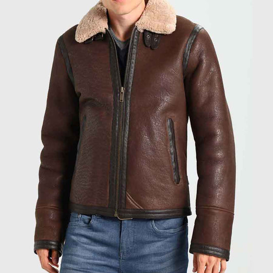 Aviator Style Mens Dark Brown Leather Jacket - Fashion Leather Jackets USA - 3AMOTO