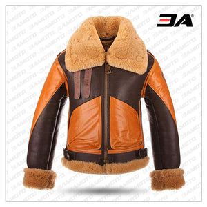 B3 Brown Bomber Real Shearling Two Tone Sheepskin Leather Jacket - 3A MOTO LEATHER