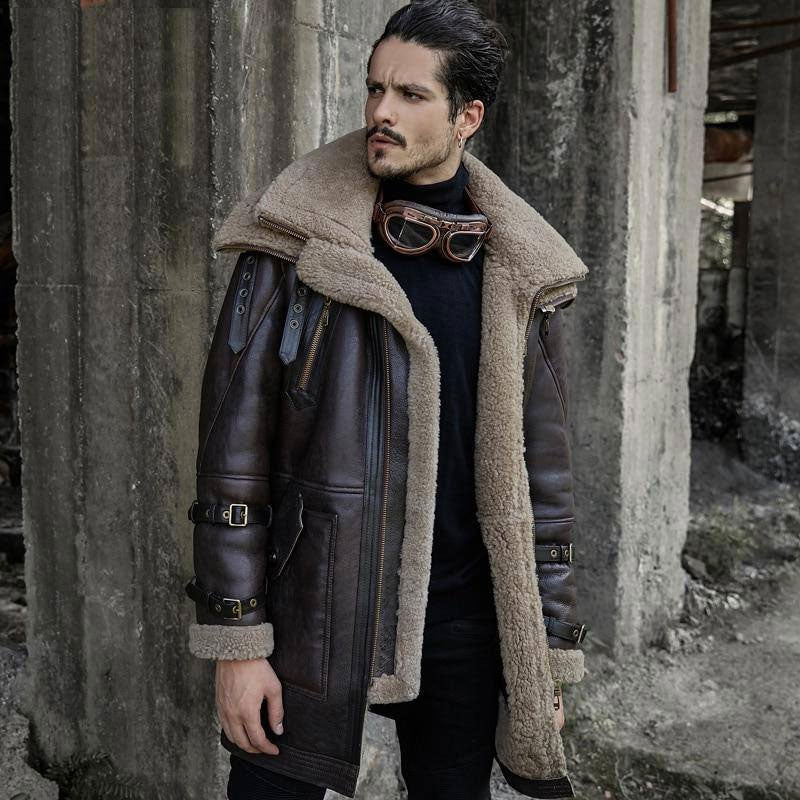 B3 Flight Jacket Mens Shearling Aviator Fur Long Coat