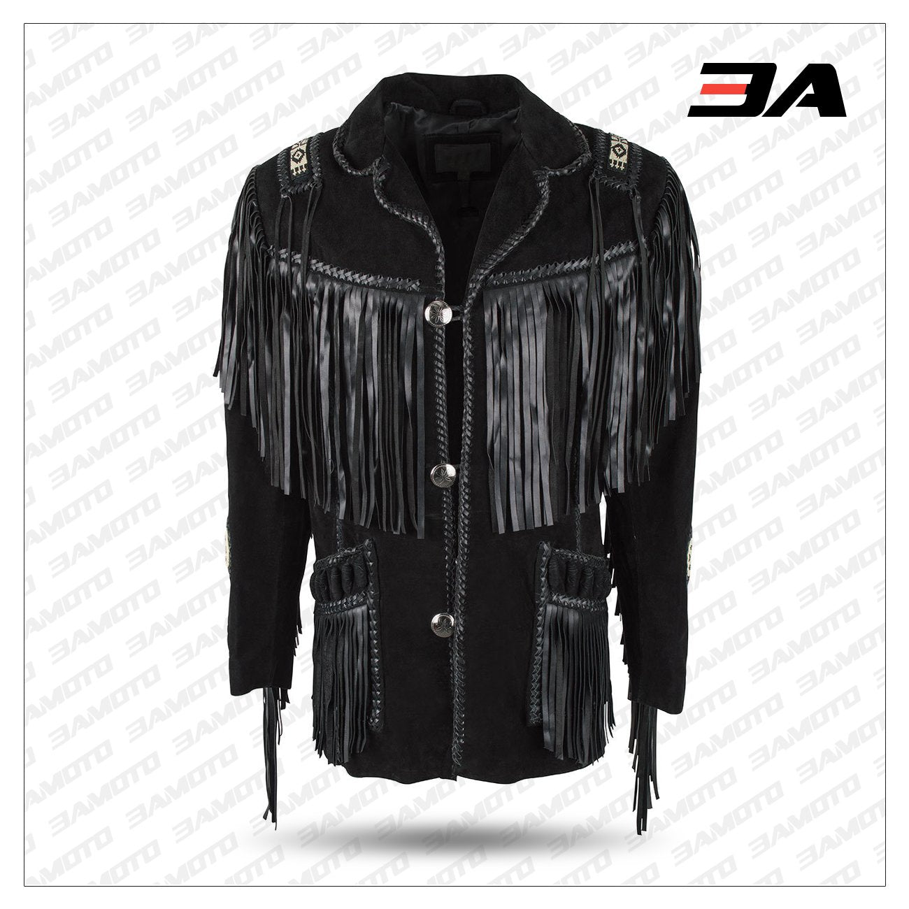 Black Boar Suede Hand-Laced Bead Fringed Jacket with Trim
