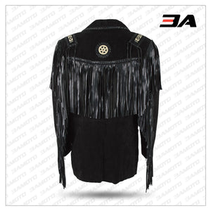 BLACK BOAR SUEDE HAND LACED BEAD FRINGED JACKET TRIMMED COAT - 3A MOTO LEATHER