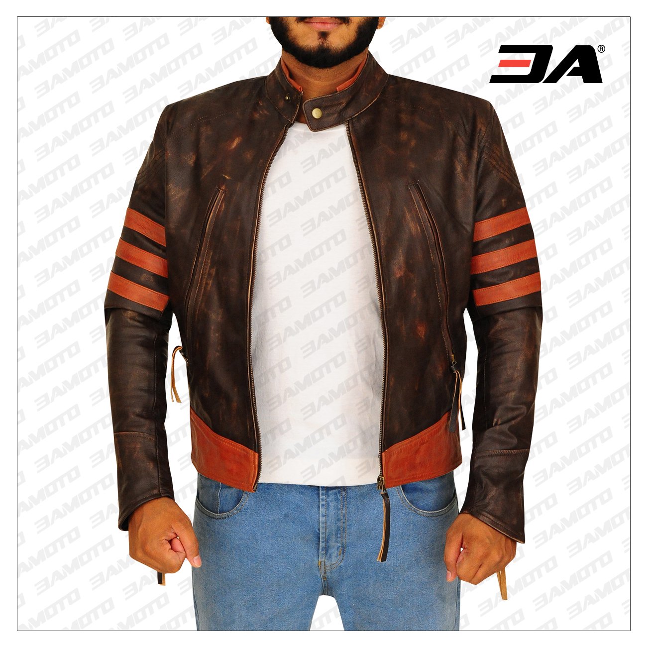 Men's Rugged Outerwear: The Wolverine leather jacket styled with casual attire, demonstrating its versatility and appeal for fans of rugged fashion.