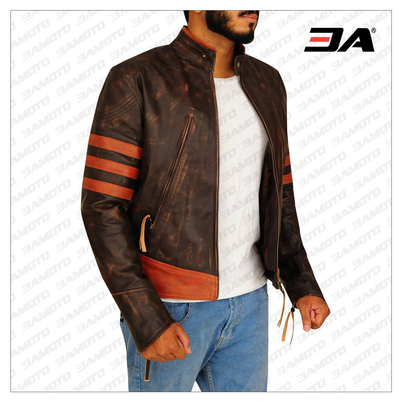 Superhero Leather Jacket: A man wearing the Wolverine brown leather jacket, exuding confidence and style reminiscent of the X-Men character.