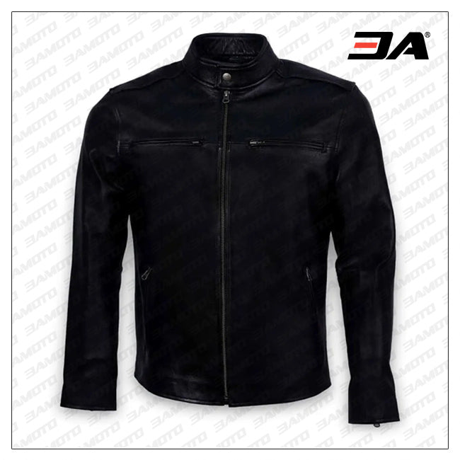 Mens Real Leather Plain Black Motorcycle Jacket