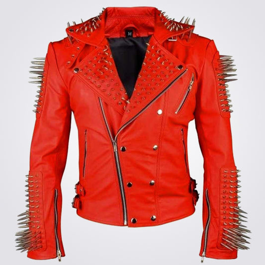 Biker Red Leather Fashion Jacket with Studs - Fashion Leather Jackets USA - 3AMOTO