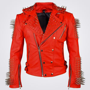Biker Red Leather Fashion Jacket with Studs