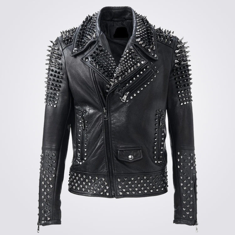 Black And Silver Studded Motorcycle Jacket For Men