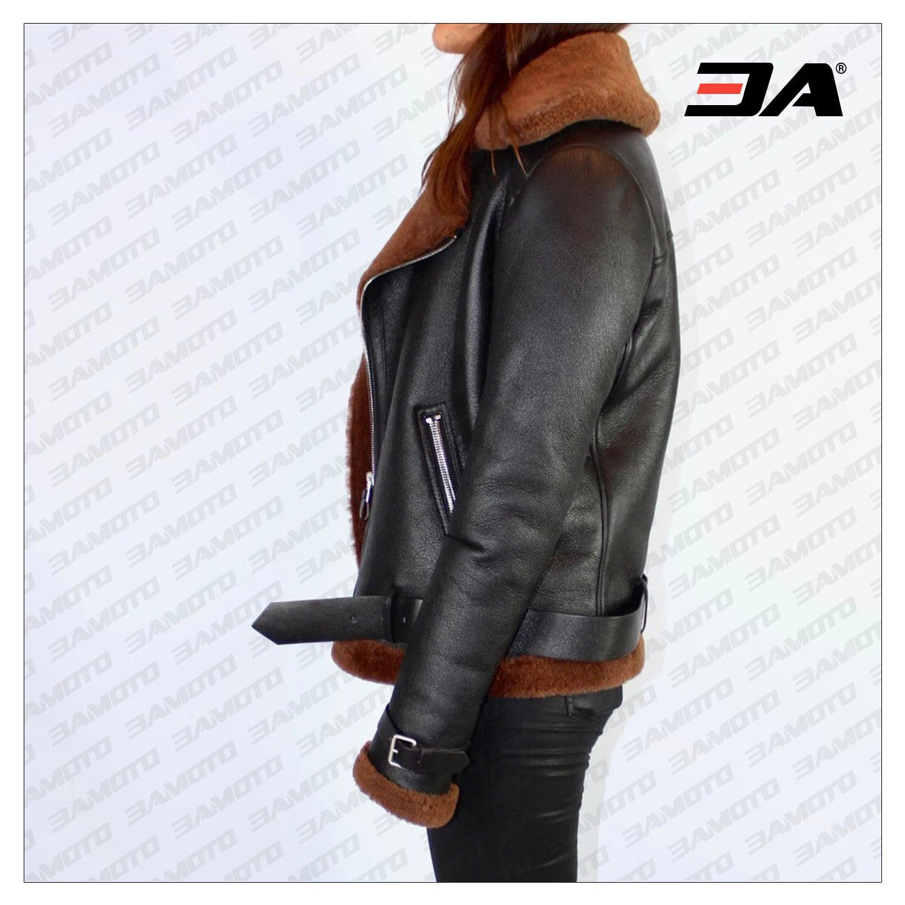 Black Fur Leather Jacket with Brown Shearling Trimming - 3A MOTO LEATHER