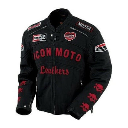 Black Icon Moto Motorcycle Leather Jacket with CE Approved Armor