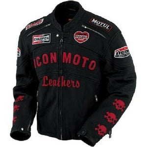Black Icon Moto Motorcycle Leather Jacket with CE Approved Armor