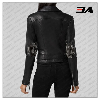 Black Lambskin Leather Silver Studded Biker Jacket - 3A MOTO LEATHER