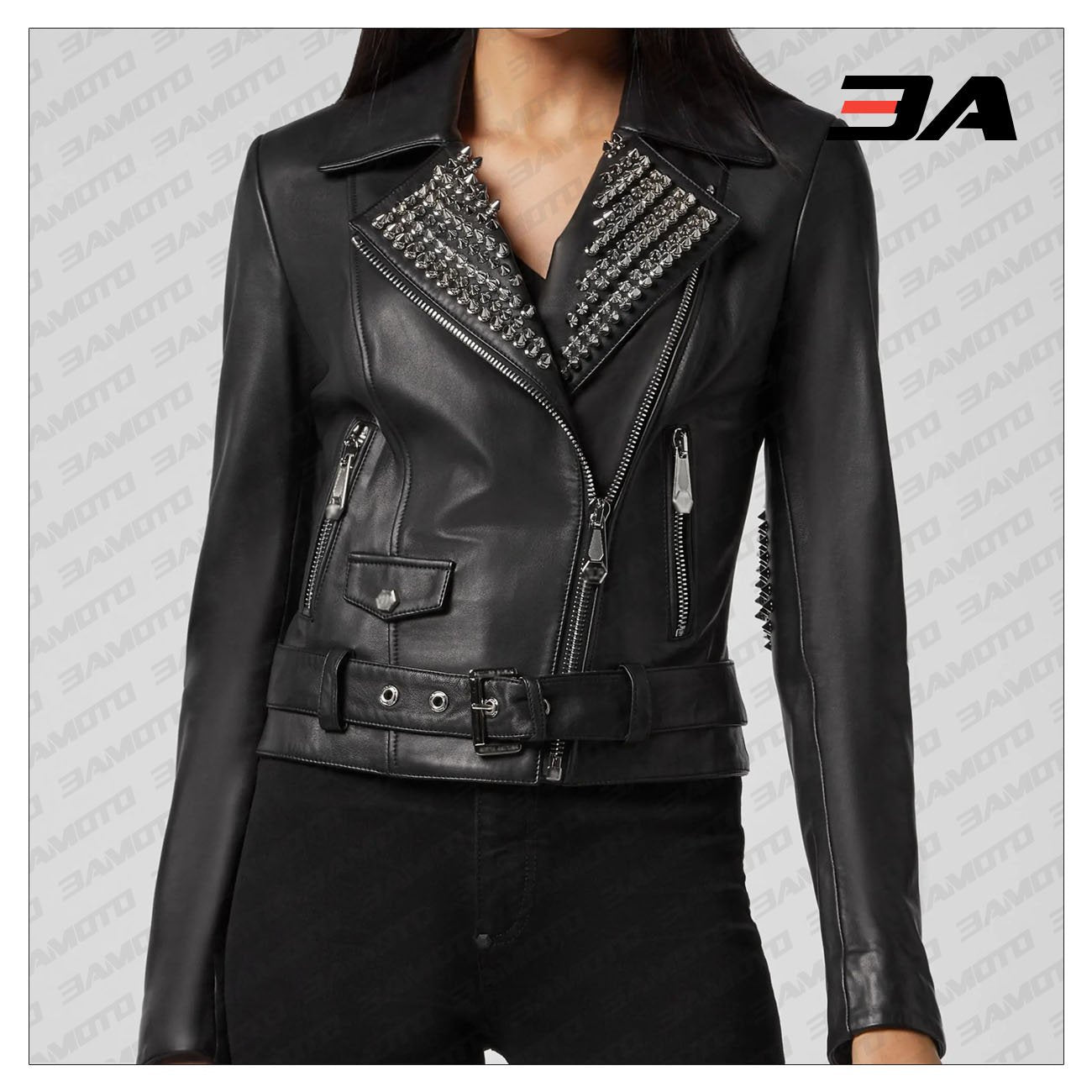 Black Lambskin Leather Silver Studded Biker Jacket - 3A MOTO LEATHER