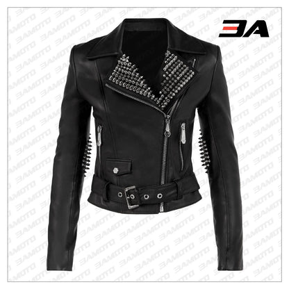 Black Lambskin Leather Silver Studded Biker Jacket - 3A MOTO LEATHER