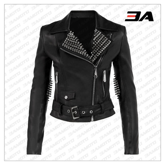 Black Lambskin Leather Silver Studded Biker Jacket - 3A MOTO LEATHER - 3amoto shop