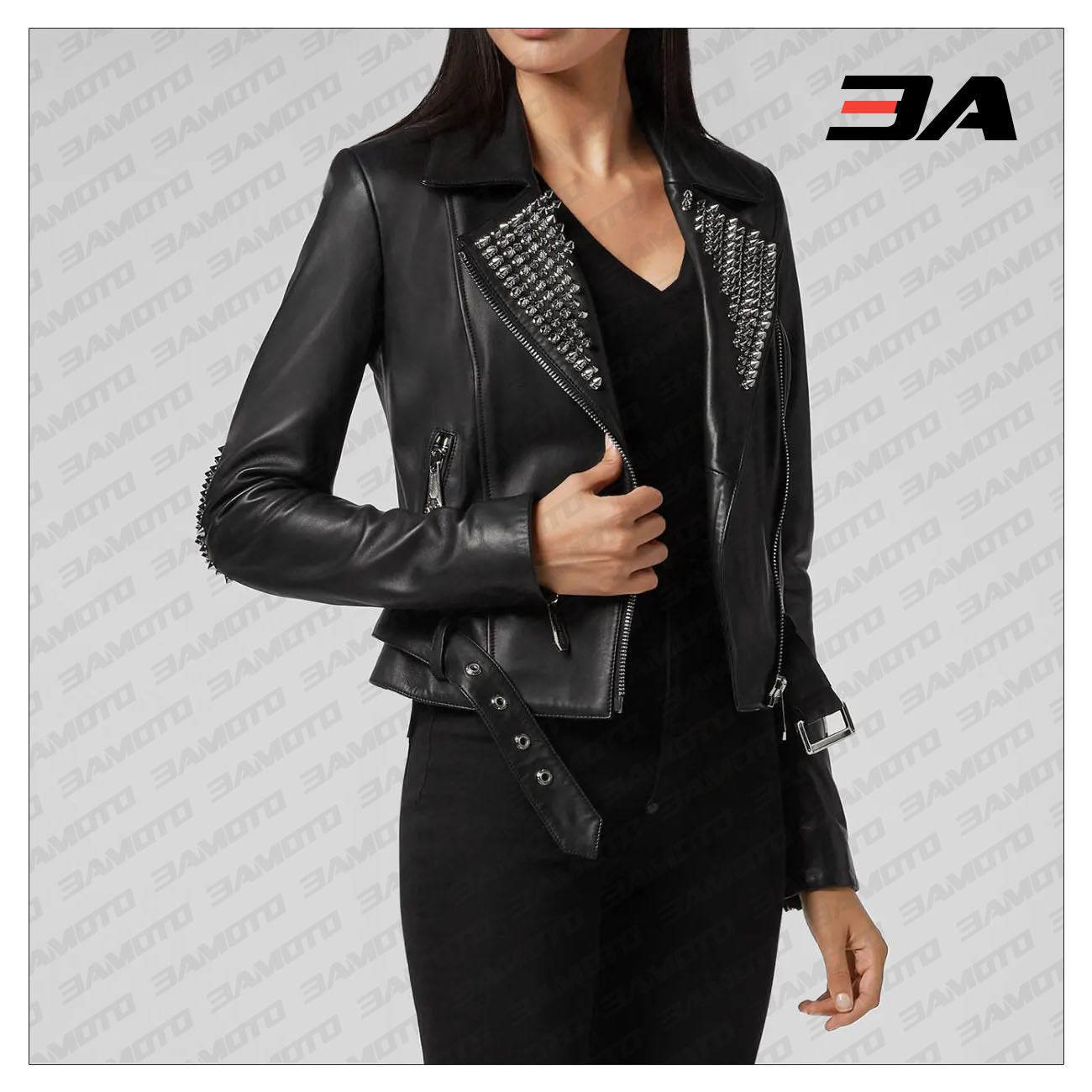 Black Lambskin Leather Silver Studded Biker Jacket - 3A MOTO LEATHER