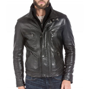 Black Lambskin Leather Sports Jacket for Men