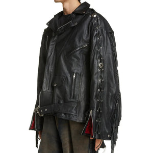 Black Leather Biker Jacket with Fringe