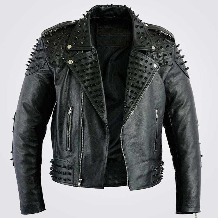 Black Leather Biker Jacket with Studs