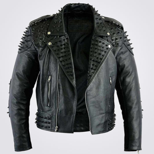 Black Leather Biker Jacket with Studs - 3amoto shop