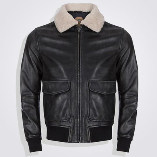 Black Leather Bomber Jacket with Detachable Fur Collar - 3amoto shop