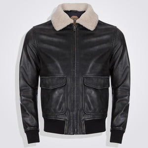 Black Leather Bomber Jacket with Detachable Fur Collar