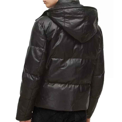 Leather Hooded Puffer Jacket