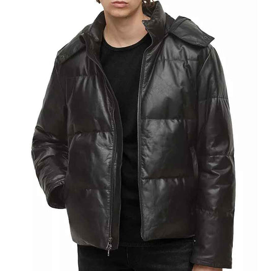 Black Leather Hooded Puffer Jacket - Fashion Leather Jackets USA - 3AMOTO