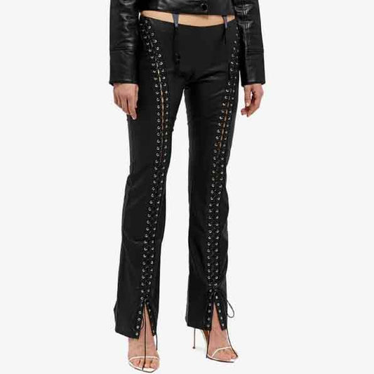 Black Leather Pant For Women with Front Laces - 3amoto shop