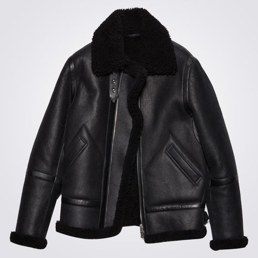 Black Shearling Aviator Jacket - 3amoto shop