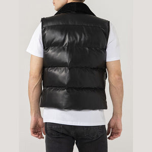Black Shearling Collar Leather Puffer Vest For Mens