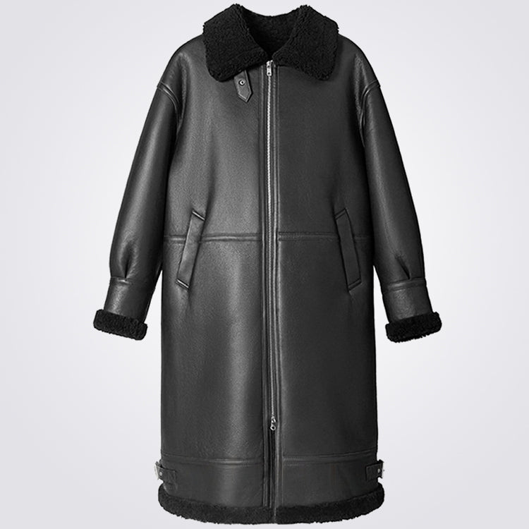 Black Sheepskin Shearling Long Coat For Men