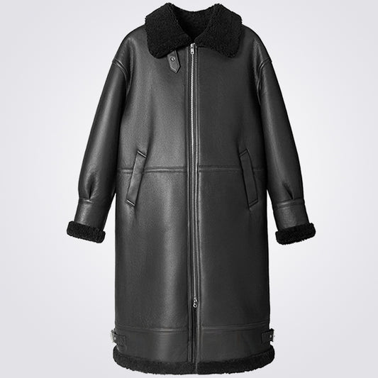 Black Sheepskin Shearling Long Coat For Men - 3amoto shop