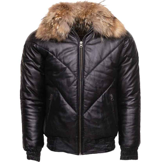 Black V-Bomber Style Puffer Winter Leather Jacket With Fur Collar - Fashion Leather Jackets USA - 3AMOTO