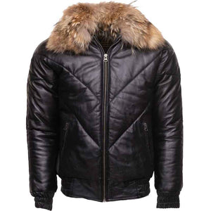 Black V-Bomber Style Puffer Winter Leather Jacket With Fur Collar