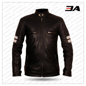 Black Leather White Stripe Jacket For Mens