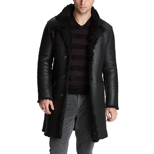 Mens Black Leather Faux Shearling Coat - Fashion Leather Jackets USA - 3AMOTO