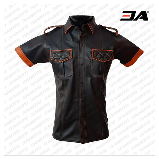 Black Sheep Leather Shirt with Orange Contrast and Stitching - 3amoto shop