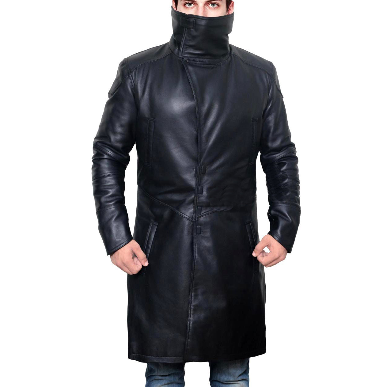 Mens Sherpa Black Trench Leather Coat | Blade Runner Coat Jacket
