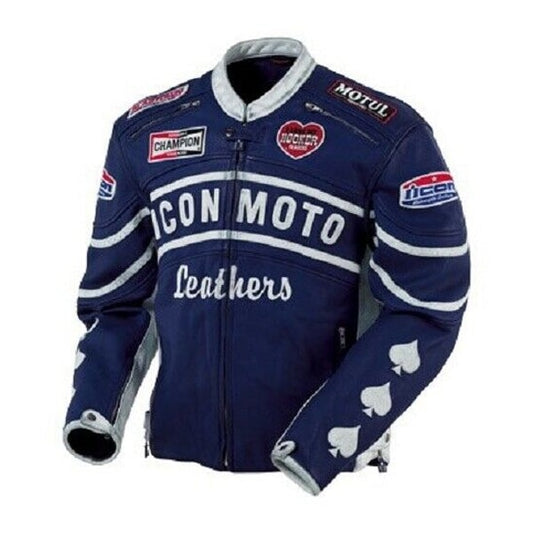 Blue Icon Moto Motorcycle Leather Jacket with CE Approved Armor - Fashion Leather Jackets USA - 3AMOTO