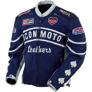 Blue Icon Moto Motorcycle Leather Jacket with CE Approved Armor