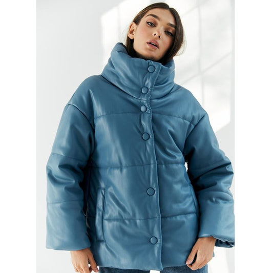 Blue Leather Puffer Jacket for Women - 3amoto shop