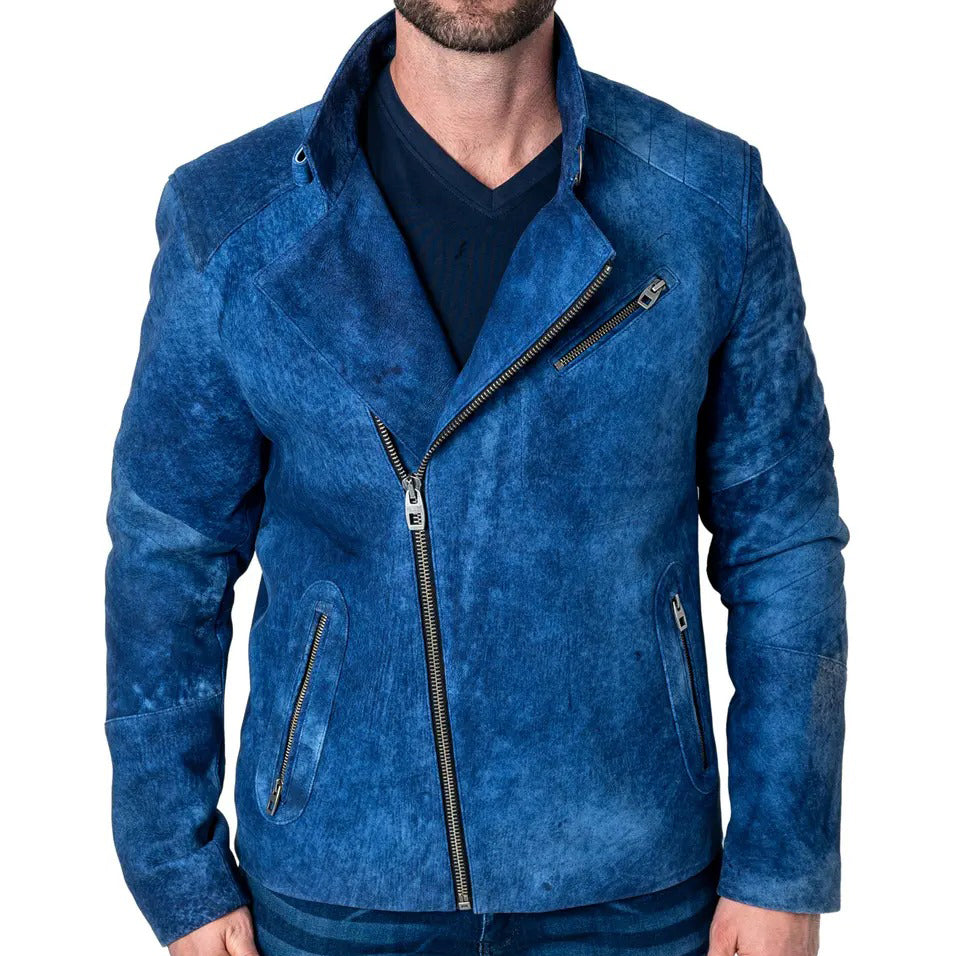 Blue Suede Leather Motorcycle Jacket For Men